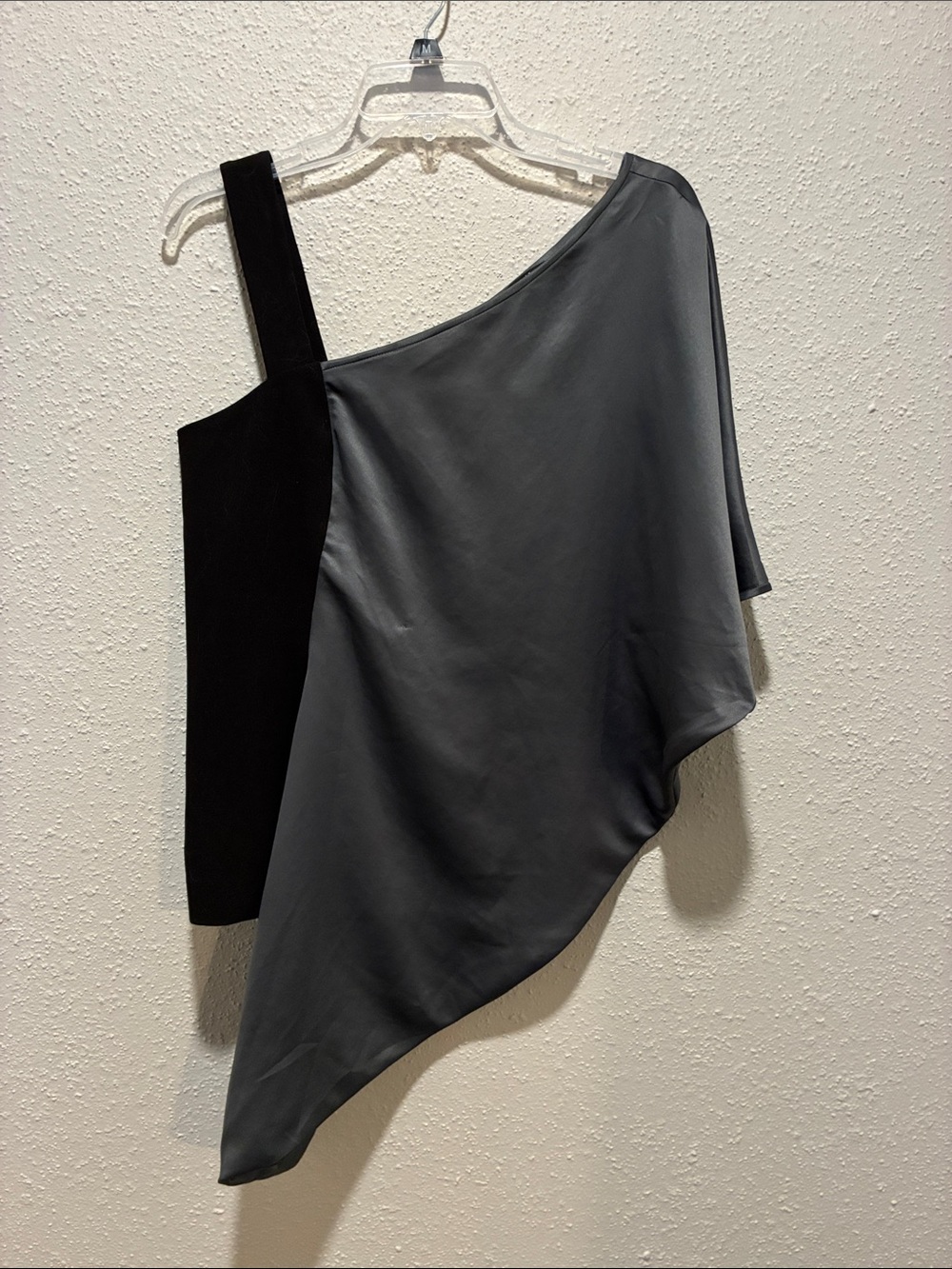 Black Halo One-Shoulder Black and Gray Draped Top